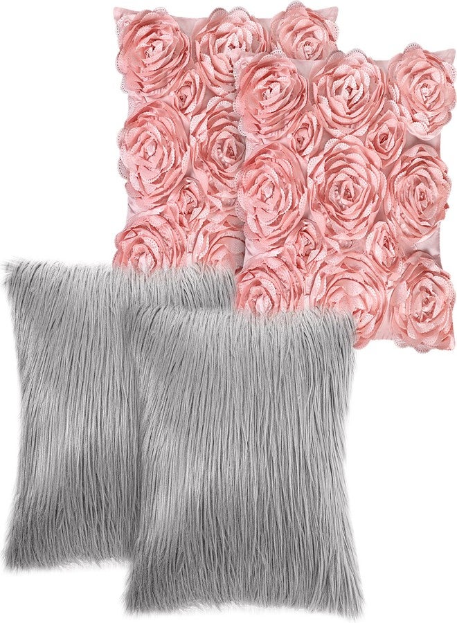 اودين أغطية وسائد من أودان مكونة من 4 قطع على شكل زهرة ورد ثلاثية الأبعاد من الفرو الصناعي مقاس 16 × 16 بوصة أغطية وسائد مربعة ناعمة للأريكة وغرفة النوم والسيارة (وردي، رمادي) - Image 1