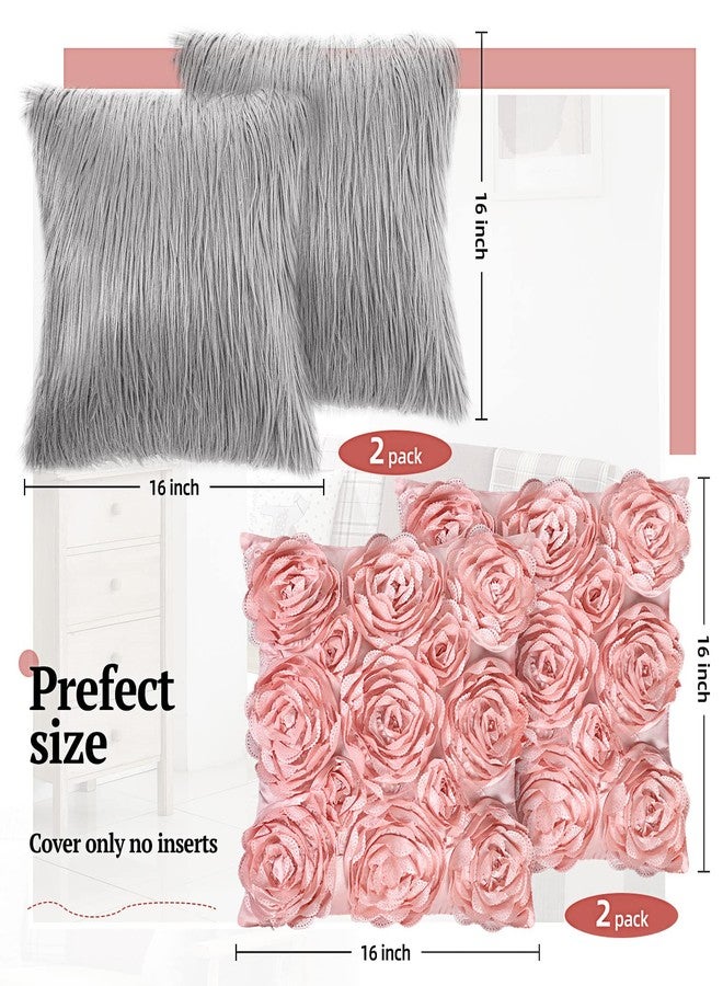 اودين أغطية وسائد من أودان مكونة من 4 قطع على شكل زهرة ورد ثلاثية الأبعاد من الفرو الصناعي مقاس 16 × 16 بوصة أغطية وسائد مربعة ناعمة للأريكة وغرفة النوم والسيارة (وردي، رمادي) - Image 2