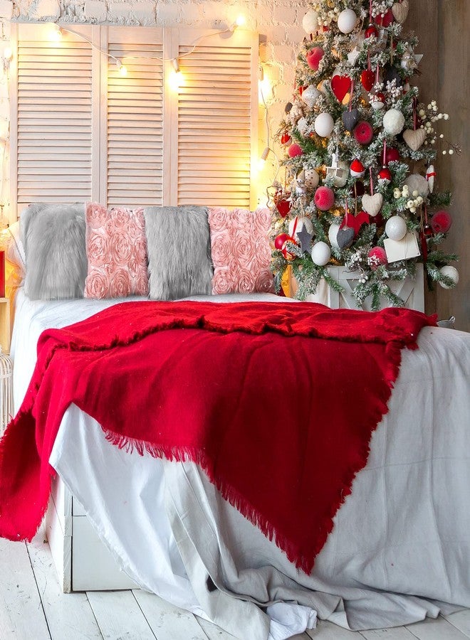 اودين أغطية وسائد من أودان مكونة من 4 قطع على شكل زهرة ورد ثلاثية الأبعاد من الفرو الصناعي مقاس 16 × 16 بوصة أغطية وسائد مربعة ناعمة للأريكة وغرفة النوم والسيارة (وردي، رمادي) - Image 4