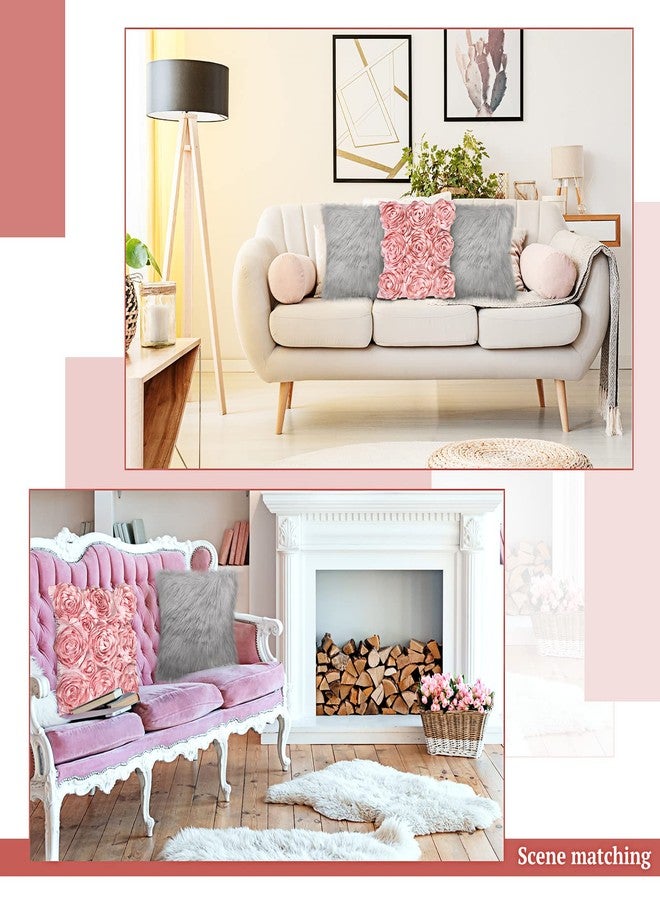 اودين أغطية وسائد من أودان مكونة من 4 قطع على شكل زهرة ورد ثلاثية الأبعاد من الفرو الصناعي مقاس 16 × 16 بوصة أغطية وسائد مربعة ناعمة للأريكة وغرفة النوم والسيارة (وردي، رمادي) - Image 5