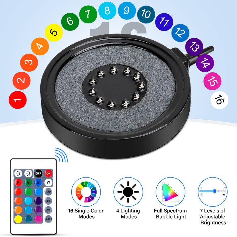 fishkeeper Aquarium Air Bubble Light, LED Fish Tank Bubbler Stone Disk with 11 Super Bright Lamp Beads, 16 Colors and 4 Modes Adjustable for Fish Tank Decoration Oxygenation - Image 2