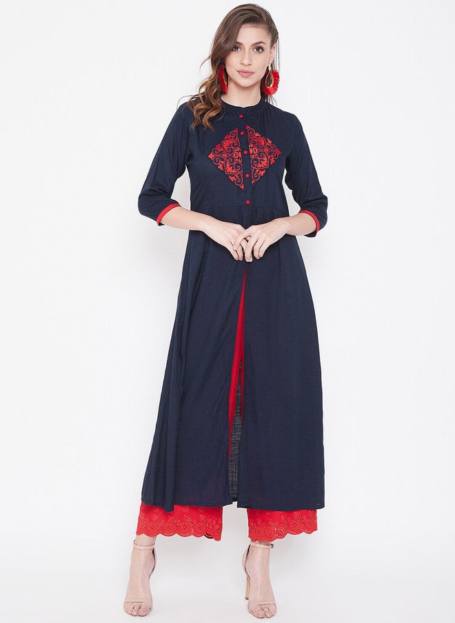 WineRed Navy Blue & Red Embroidered A-Line Kurta for Women - Image 1
