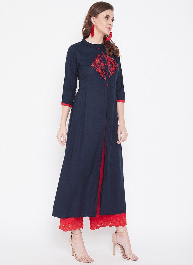 WineRed Navy Blue & Red Embroidered A-Line Kurta for Women - Image 3