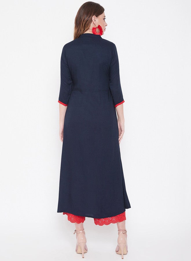WineRed Navy Blue & Red Embroidered A-Line Kurta for Women - Image 5