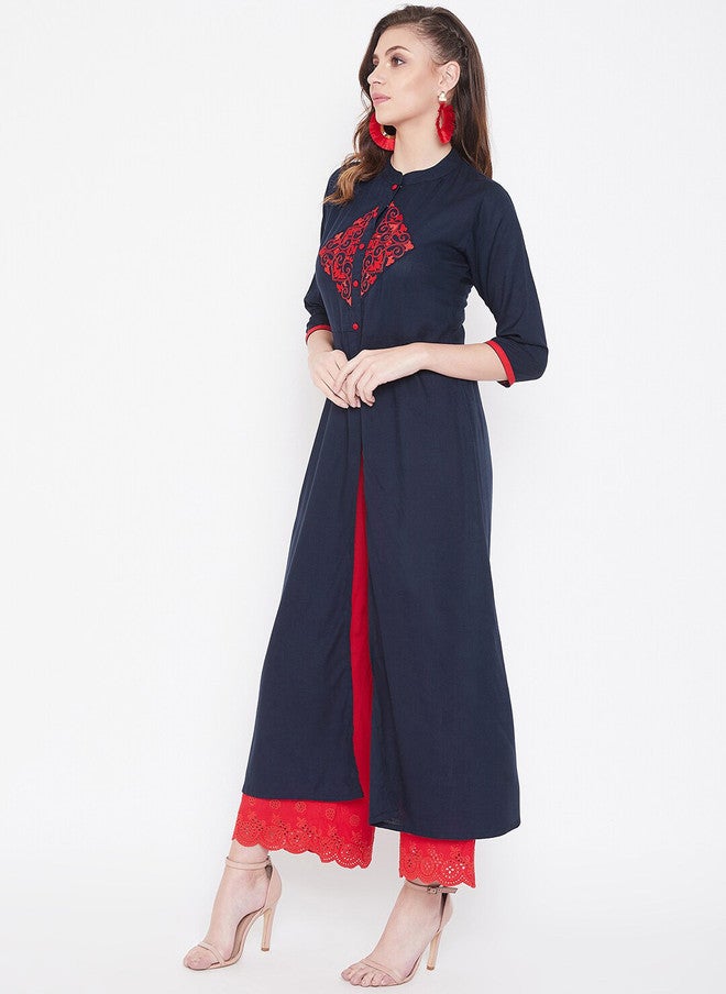WineRed Navy Blue & Red Embroidered A-Line Kurta for Women - Image 4