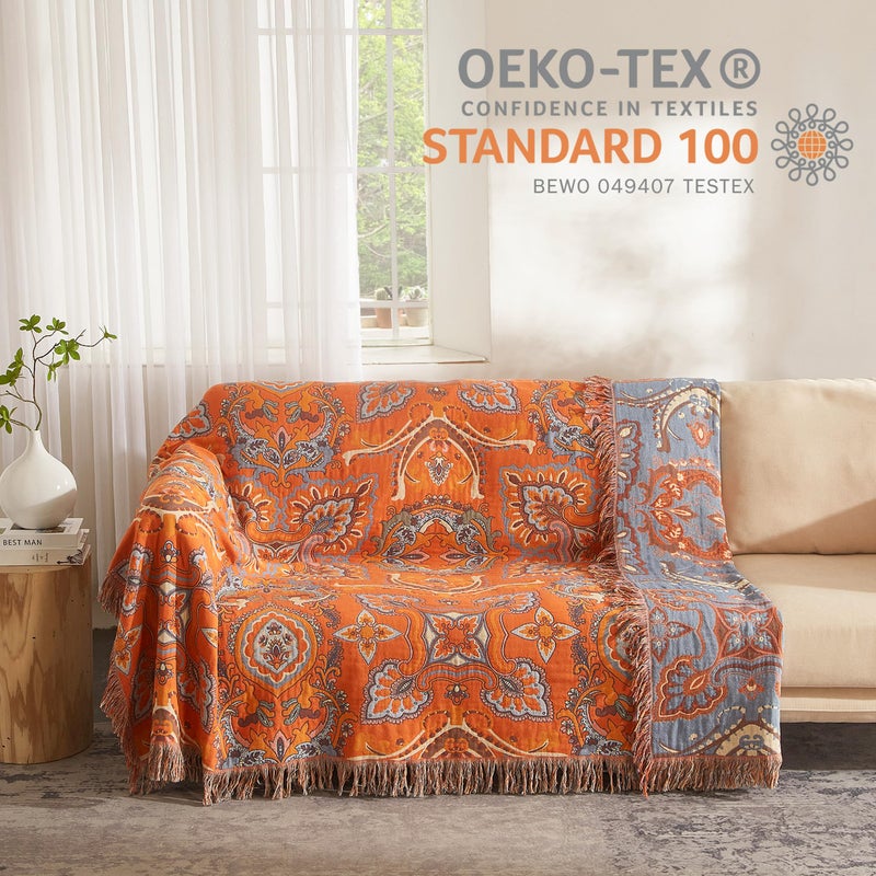 SE SOFTEXLY Boho Throw Blanket for Bed 60â€x80â€, 100% Cotton Woven Blanket for Couch Sofa, Ultra Soft 4-Layer Muslin Quilt with Vintage Floral Printed, Farmhouse Bed Blanket/Cover for Living Room Decor - Image 4