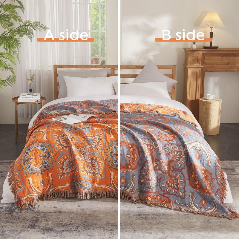 SE SOFTEXLY Boho Throw Blanket for Bed 60â€x80â€, 100% Cotton Woven Blanket for Couch Sofa, Ultra Soft 4-Layer Muslin Quilt with Vintage Floral Printed, Farmhouse Bed Blanket/Cover for Living Room Decor - Image 2