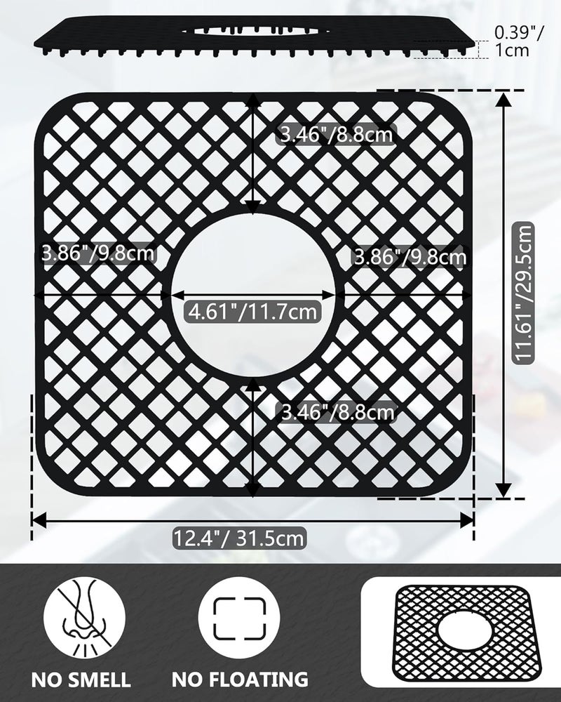 BEHOK Store 2 Pack Silicone Sink Protector for Kitchen Sink, Lozenge Pattern 12 x 11" Sink Grid Mat Silicone Protectors, Center Drain, Black - Image 4