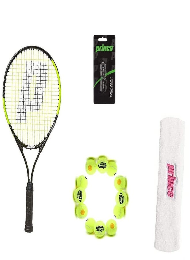 برنس مضرب تنس برينس ثاندر 26 من الألومنيوم، كرات تنس برينس ستيج 2 برتقالية قياسية، 12 كرة مع مخمدين للصدمات وشريط رأس وردي وأبيض - Image 1