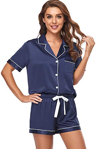 Serenedelicacy Women's Satin Pajama Set 2-Piece Sleepwear Loungewear Button Down Short Sleeve Silky PJ Set (Medium, Navy Blue) - Image 1