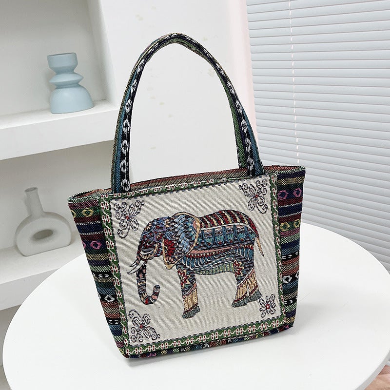 Embroidered Canvas Handbag Women'S Plus Ethnic Style Handbag Casual Mommy Hand Lunch Box Bag Small Cloth Bag - Image 1