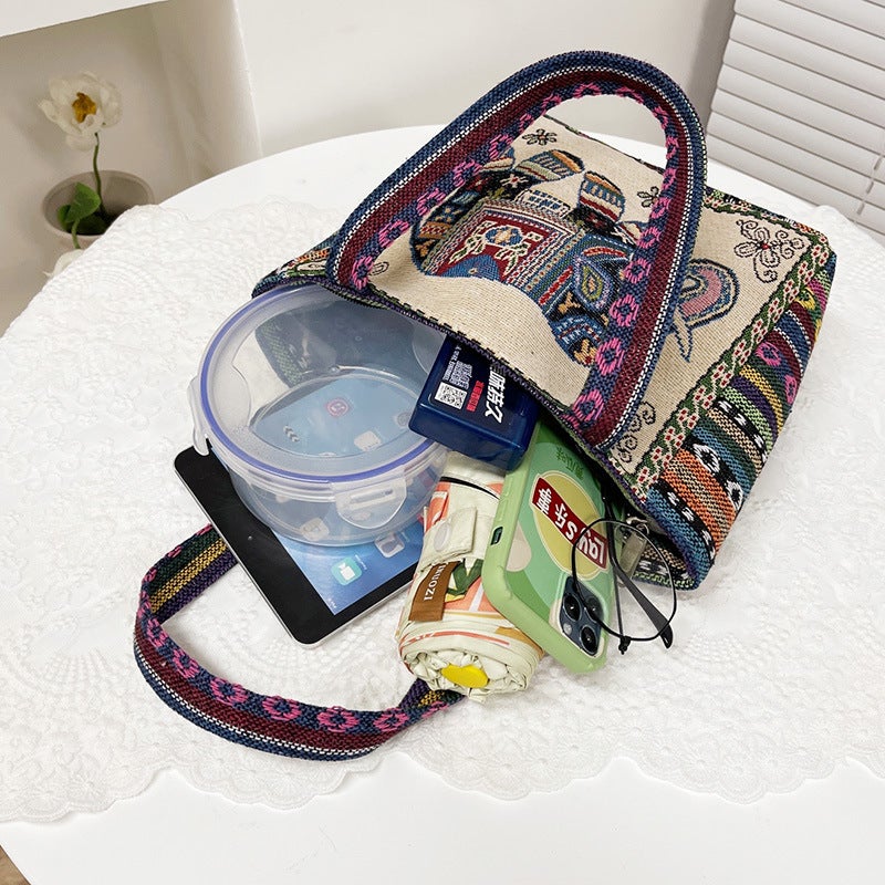 Embroidered Canvas Handbag Women'S Plus Ethnic Style Handbag Casual Mommy Hand Lunch Box Bag Small Cloth Bag - Image 4