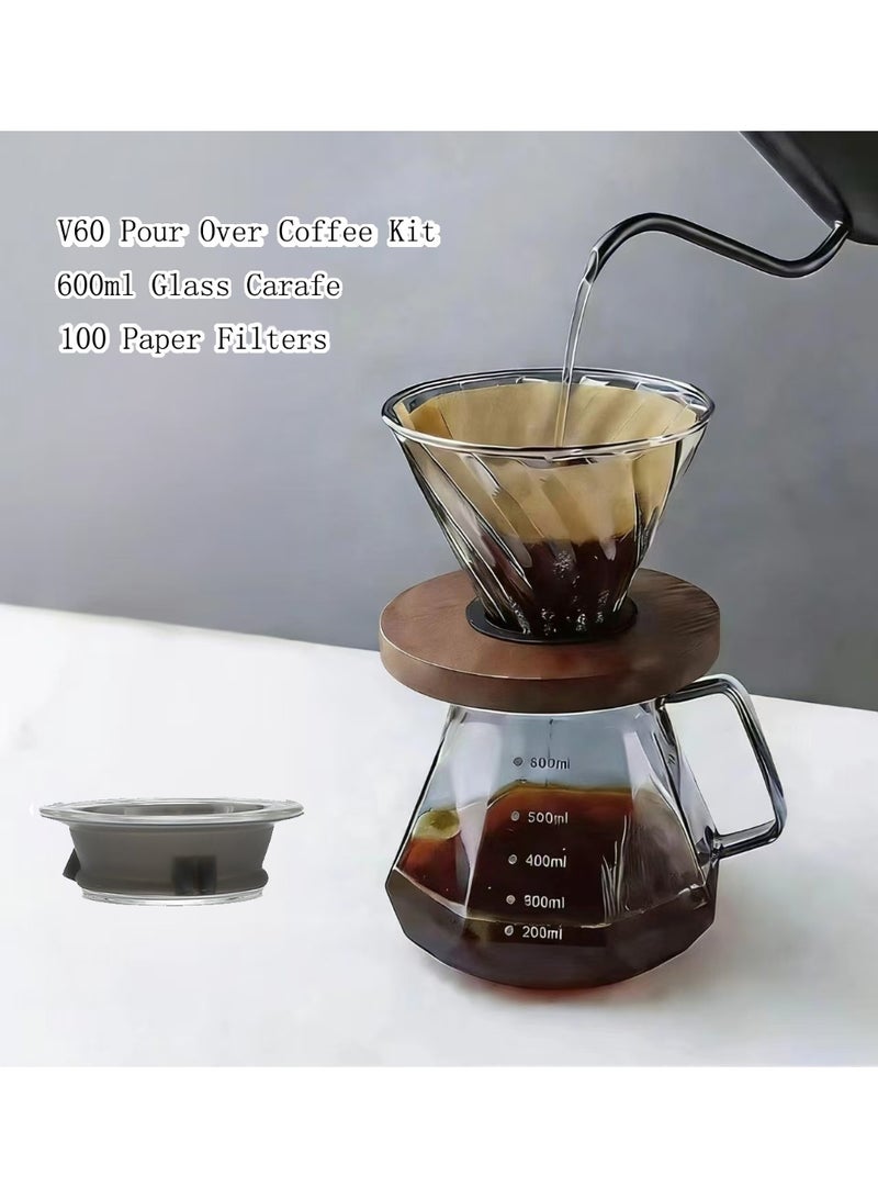 V60 Coffee Pot, Gray, 600ml, Pour Over Coffee Maker,  Borosilicate Glass Carafe with 100 pcs V60 Paper Filter, Glass Lid, Drip Coffee Maker for Home, Coffee, Restaurant Camping - Image 2