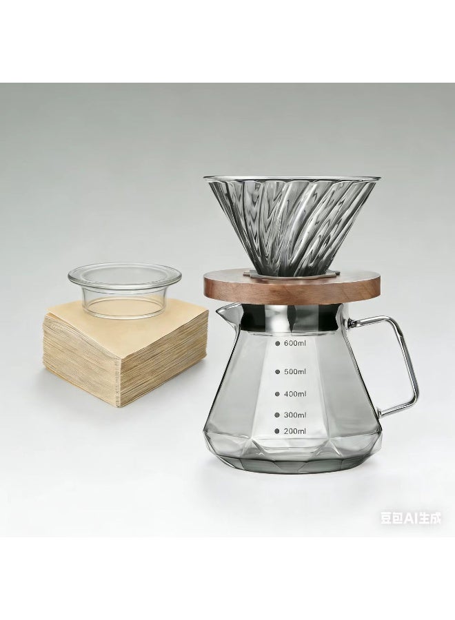 V60 Coffee Pot, Gray, 600ml, Pour Over Coffee Maker,  Borosilicate Glass Carafe with 100 pcs V60 Paper Filter, Glass Lid, Drip Coffee Maker for Home, Coffee, Restaurant Camping - Image 1
