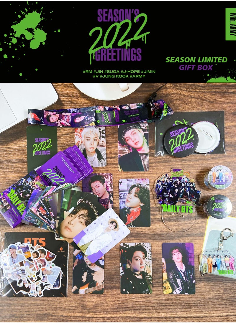 EHOME BTS 2022 Season's Greeting Big Gift Box With 55-Pcs Lomo Cards,85-Pcs Stickers,Photo Card*8,Hand Account Tape*2,Acrylic Stand,Keychain,Lanyard  - Image 4