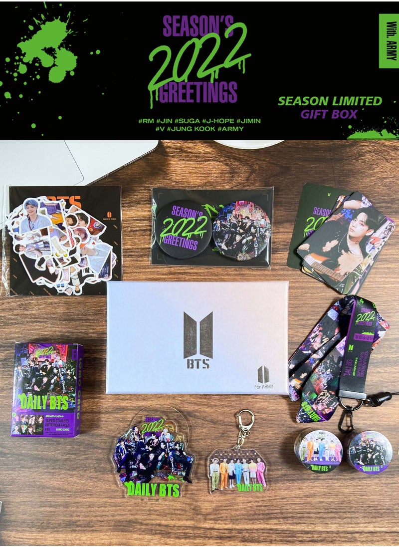 EHOME BTS 2022 Season's Greeting Big Gift Box With 55-Pcs Lomo Cards,85-Pcs Stickers,Photo Card*8,Hand Account Tape*2,Acrylic Stand,Keychain,Lanyard  - Image 1