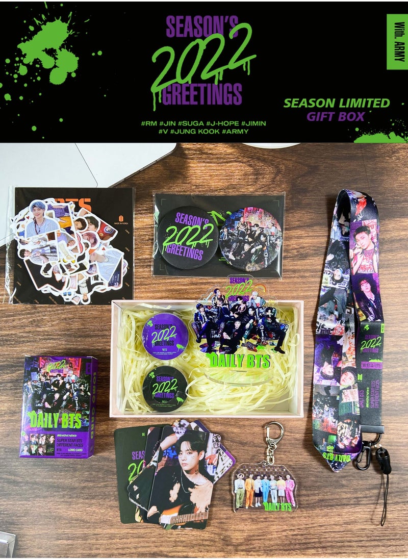 EHOME BTS 2022 Season's Greeting Big Gift Box With 55-Pcs Lomo Cards,85-Pcs Stickers,Photo Card*8,Hand Account Tape*2,Acrylic Stand,Keychain,Lanyard  - Image 3