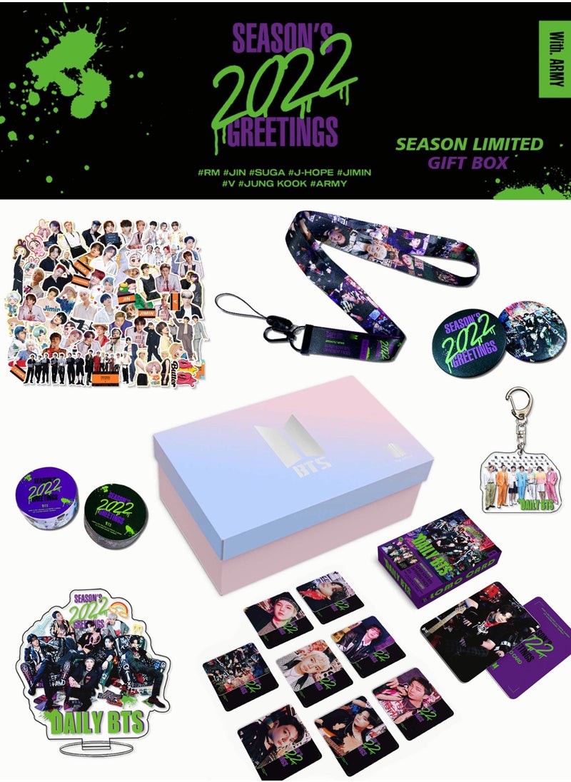 EHOME BTS 2022 Season's Greeting Big Gift Box With 55-Pcs Lomo Cards,85-Pcs Stickers,Photo Card*8,Hand Account Tape*2,Acrylic Stand,Keychain,Lanyard  - Image 2
