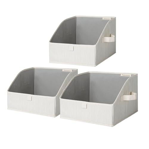 StorageWorks Closet Storage Bins, Trapezoid Organizer Box for Shelves, Fabric Clothes Bin, Foldable Organizing Baskets with Handles, Small, 3-Pack, Mixing of Beige, White & Ivory - Image 1