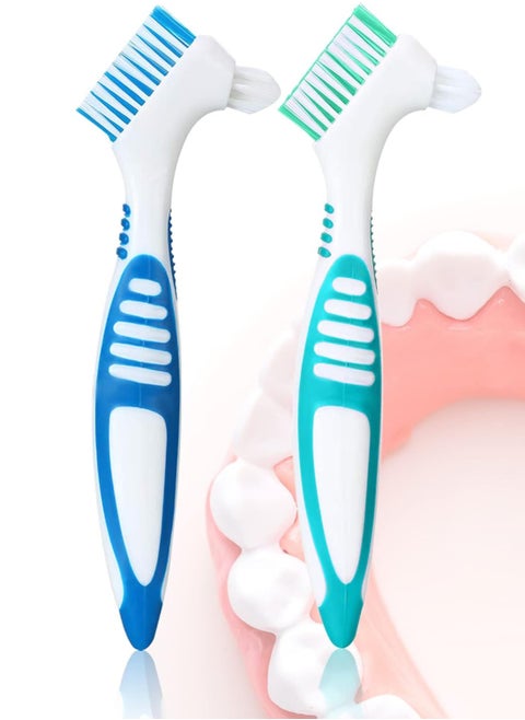 2Pcs Denture Toothbrushes Double Sided Toothbrush with Multi-Layered Bristles and Rubber Anti-Slip Handle for Denture Cleaning Care (Green,Blue)