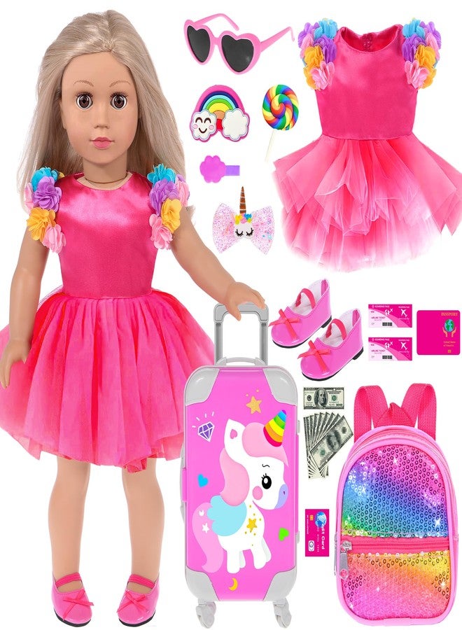 ebuddy 18 inch Doll Clothes and Accessories-Travel Suitcase Playset for 18 inch Dolls Flower Princess Dress with Backpack Luggage Include Shoes, Glasses and Ticket (No Doll) - Image 1