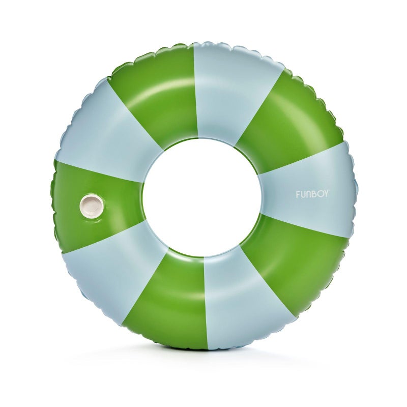 FUNBOY Giant Green & Blue Stripe Inflatable Pool Float with Cup Holder, 48" Adult Inner Tube Swim Ring Pool Lounger - Image 1