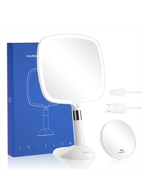® Makeup Mirror with Lights, 1X/10X Magnifying 60 LED Rechargeable 2 in 1 Hand held and Table Light Up Mirrors for Makeup, 3 Colors Lighting Modes, Stepless Dimming, White (BM-2026)