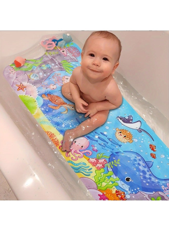 HOMESTAR Non-Slip Bath Mat for Kids - Cartoon Sea Animal Shower Mat, Extra Long Bathtub Mat with Drain Holes with Anti-Slip Suction Cups, Machine Washable -Whales - Image 1