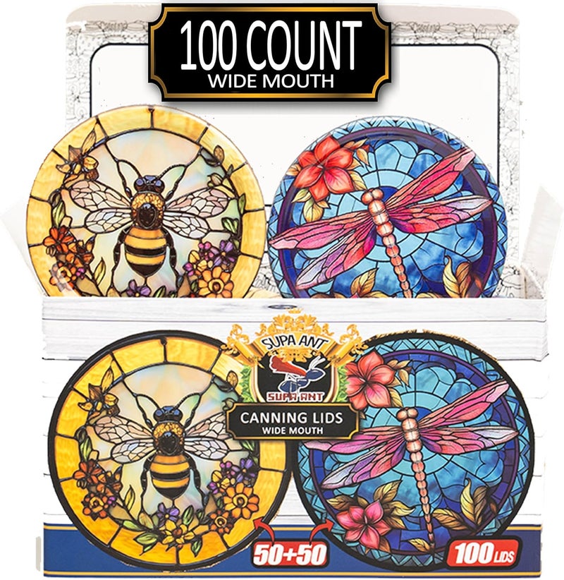 Supa Ant Wide Mouth Canning Lids (100pcs) Decorative Tin Canning Lids Wide Mouth (Glass Window) Buckle Proof and Rust Proof - Perfect Fit Can Lid for Mason Jars Canning Supplies - Image 1