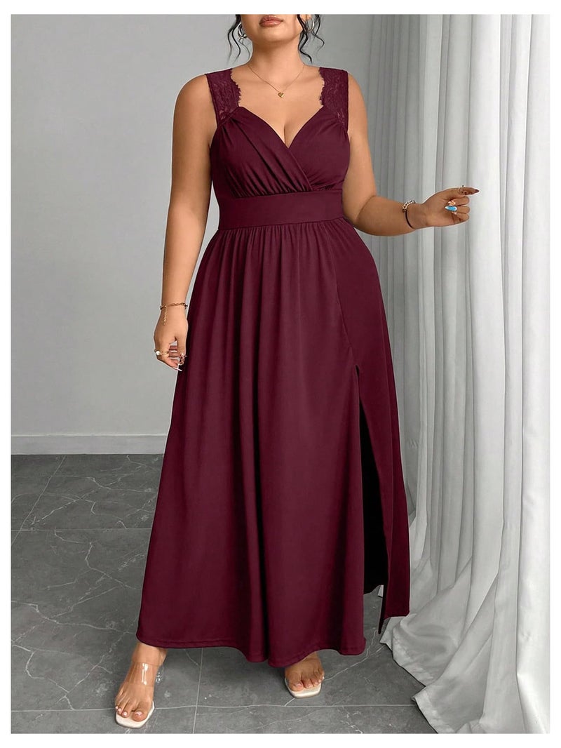 OYOANGLE Women's Plus Size Lace Trim Sleeveless Maxi Dress Wrap V Neck High Slit Formal Evening Dresses Burgundy 3X-Large Plus - Image 4