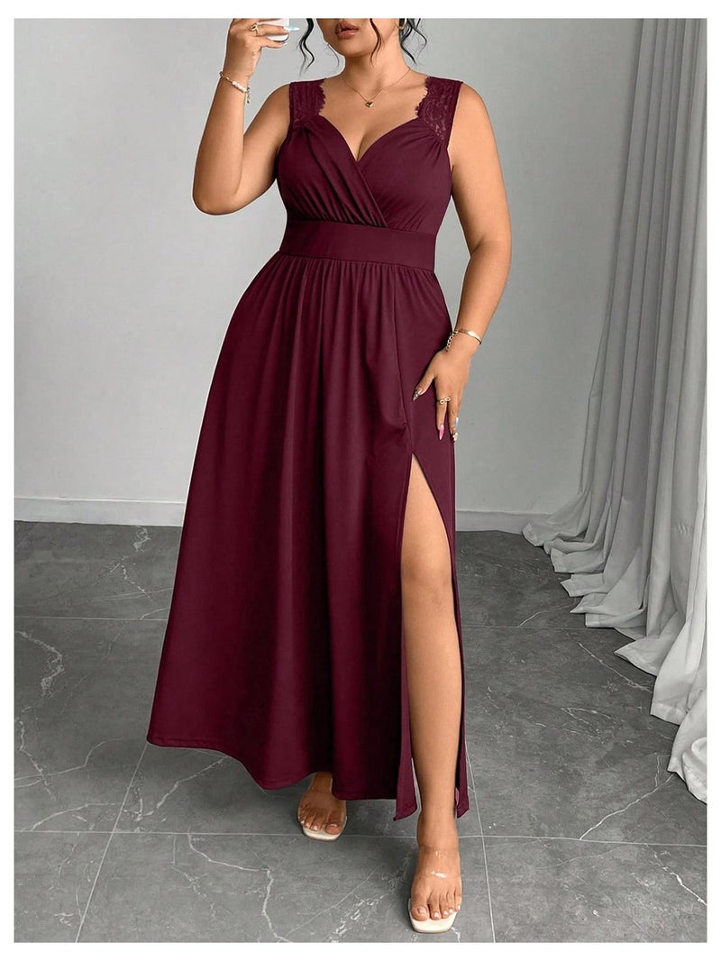 OYOANGLE Women's Plus Size Lace Trim Sleeveless Maxi Dress Wrap V Neck High Slit Formal Evening Dresses Burgundy 3X-Large Plus - Image 3