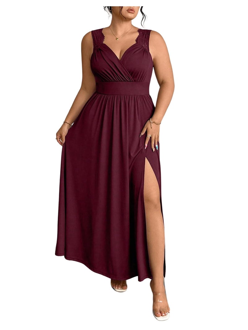 OYOANGLE Women's Plus Size Lace Trim Sleeveless Maxi Dress Wrap V Neck High Slit Formal Evening Dresses Burgundy 3X-Large Plus - Image 1