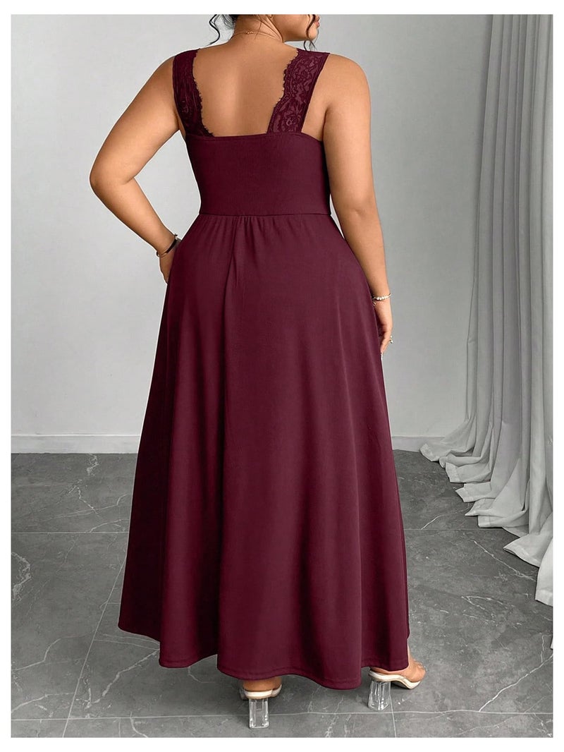 OYOANGLE Women's Plus Size Lace Trim Sleeveless Maxi Dress Wrap V Neck High Slit Formal Evening Dresses Burgundy 3X-Large Plus - Image 2