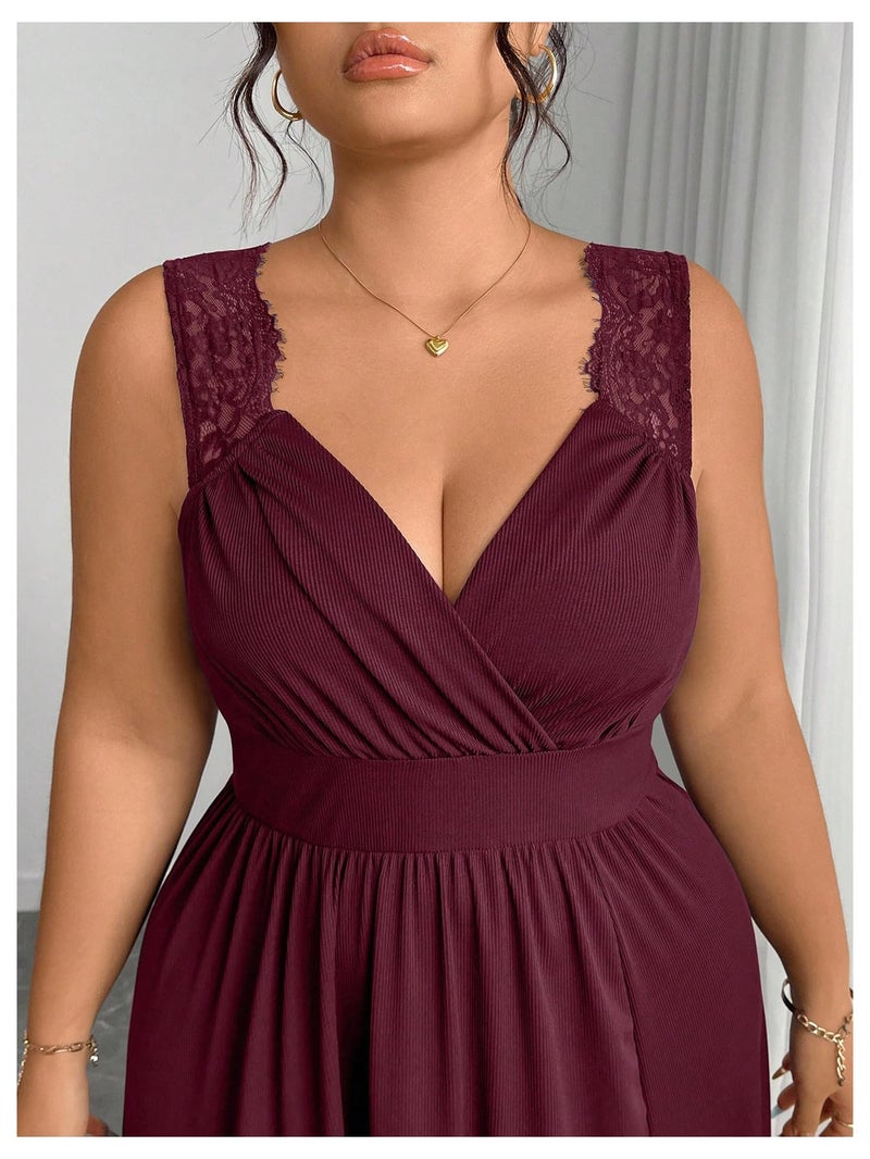 OYOANGLE Women's Plus Size Lace Trim Sleeveless Maxi Dress Wrap V Neck High Slit Formal Evening Dresses Burgundy 3X-Large Plus - Image 5