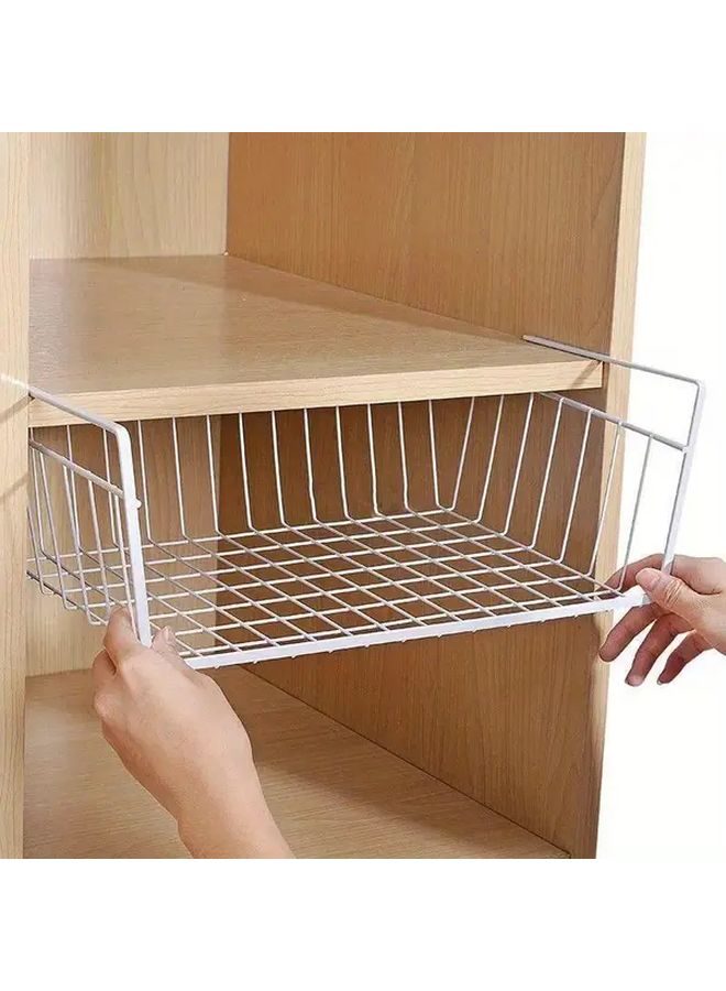 White 2pcs No Drill Hanging Basket Heavy Duty Metal Storage Organizer Under Cabinet Shelf - Image 2
