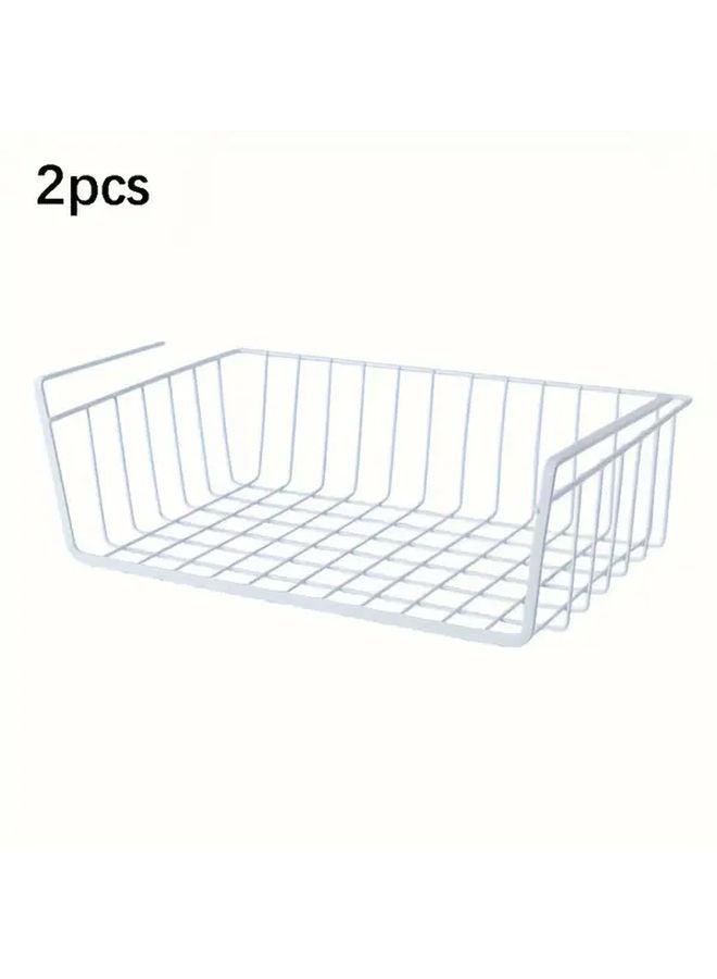 White 2pcs No Drill Hanging Basket Heavy Duty Metal Storage Organizer Under Cabinet Shelf - Image 1