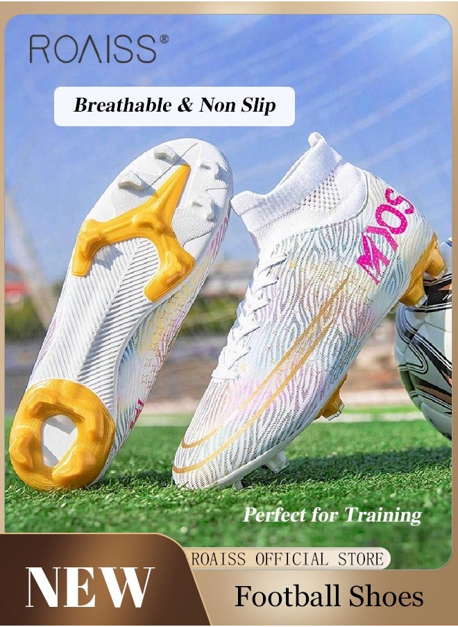 roaiss - Professional Spikes Soccer Cleats for Man Youth High Top Competition Training Shoes Mens Front Lace up Breathable Outdoor Sneakers Athletic Anti Slip Soft Sole Sports Shoes for All Seasons Colorblock Sneakers - Image 1