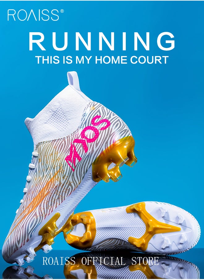 roaiss - Professional Spikes Soccer Cleats for Man Youth High Top Competition Training Shoes Mens Front Lace up Breathable Outdoor Sneakers Athletic Anti Slip Soft Sole Sports Shoes for All Seasons Colorblock Sneakers - Image 1