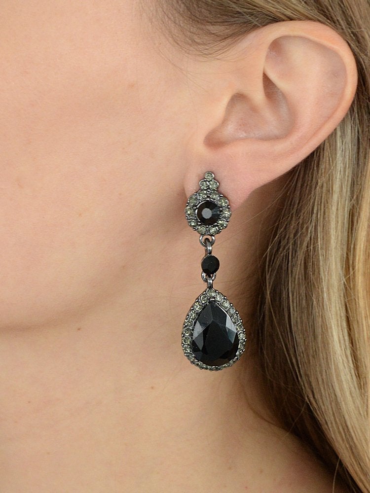 Mariell Black Crystal Teardrop Dangle Clip-On Earrings, Jewlery for Brides, Bridesmaids, Prom and Wedding - Image 3