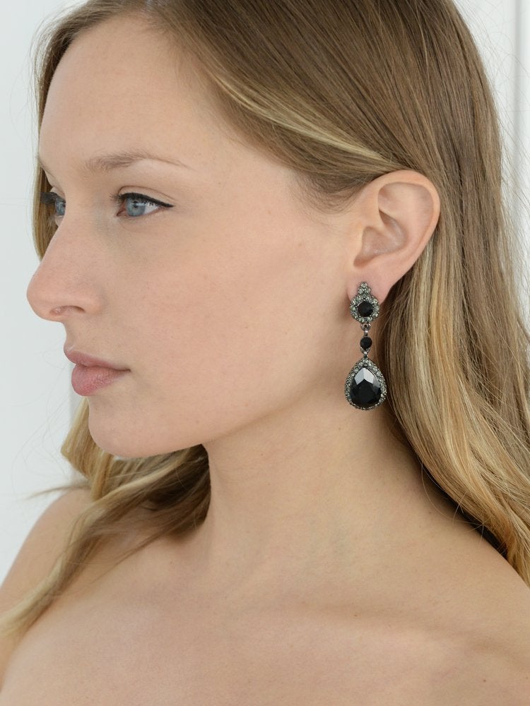 Mariell Black Crystal Teardrop Dangle Clip-On Earrings, Jewlery for Brides, Bridesmaids, Prom and Wedding - Image 2