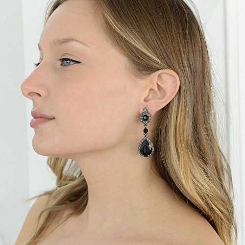 Mariell Black Crystal Teardrop Dangle Clip-On Earrings, Jewlery for Brides, Bridesmaids, Prom and Wedding - Image 4
