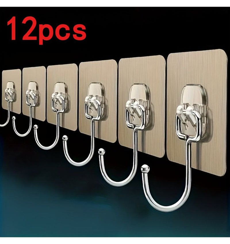 12 قطعة من الخطافات فائقة القوة ذاتية اللصق، شفافة وغير مرئية، قابلة لإعادة الاستخدام بدون حفر، للمطبخ والحمام وجدران البلاط، لتعليق المناشف وأدوات الطهي. - Image 1