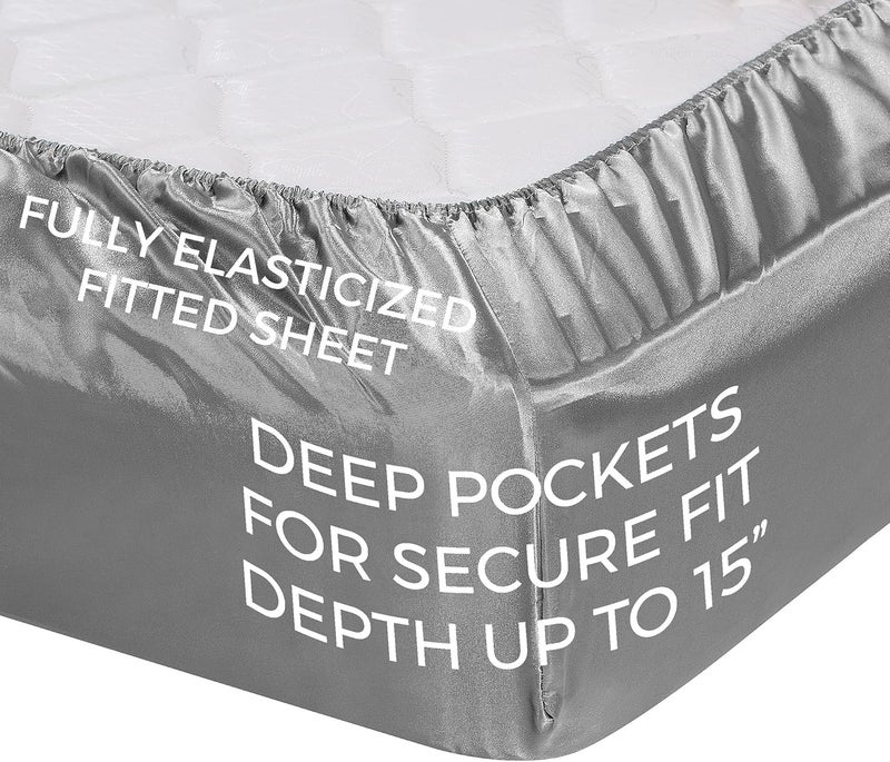 Pure Bedding Satin Sheets King [4-Piece, Silver] Hotel Luxury Silky Bed Sheets - Extra Soft 1800 Microfiber Sheet Set, Wrinkle, Fade, Stain Resistant - Deep Pocket Fitted Sheet, Flat Sheet, Pillow Cases - Image 4