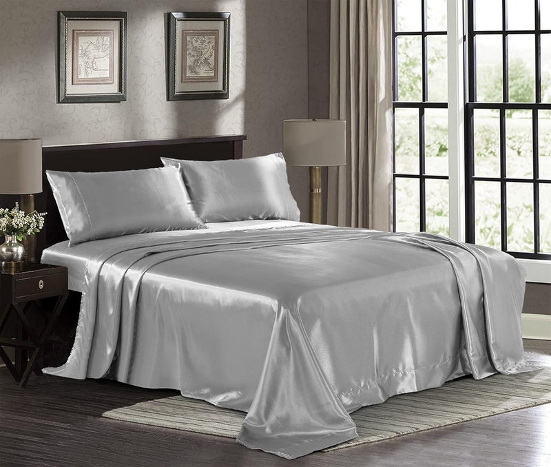 Pure Bedding Satin Sheets King [4-Piece, Silver] Hotel Luxury Silky Bed Sheets - Extra Soft 1800 Microfiber Sheet Set, Wrinkle, Fade, Stain Resistant - Deep Pocket Fitted Sheet, Flat Sheet, Pillow Cases - Image 1