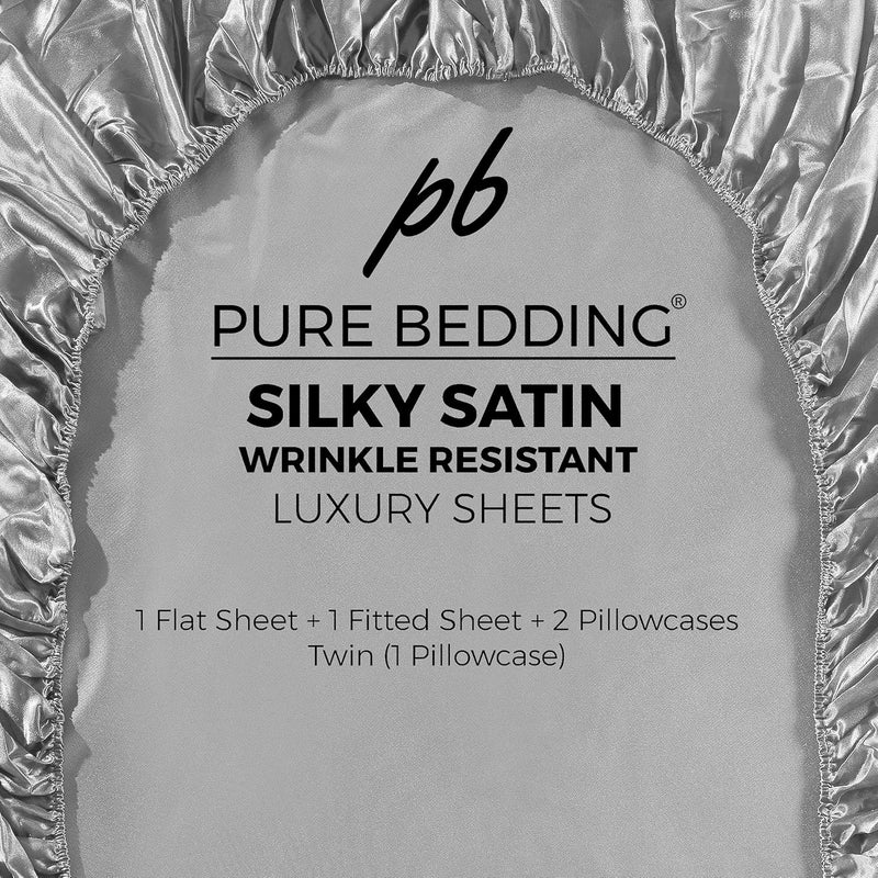 Pure Bedding Satin Sheets King [4-Piece, Silver] Hotel Luxury Silky Bed Sheets - Extra Soft 1800 Microfiber Sheet Set, Wrinkle, Fade, Stain Resistant - Deep Pocket Fitted Sheet, Flat Sheet, Pillow Cases - Image 5