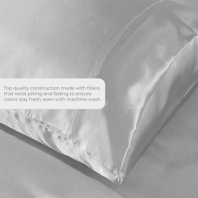 Pure Bedding Satin Sheets King [4-Piece, Silver] Hotel Luxury Silky Bed Sheets - Extra Soft 1800 Microfiber Sheet Set, Wrinkle, Fade, Stain Resistant - Deep Pocket Fitted Sheet, Flat Sheet, Pillow Cases - Image 3