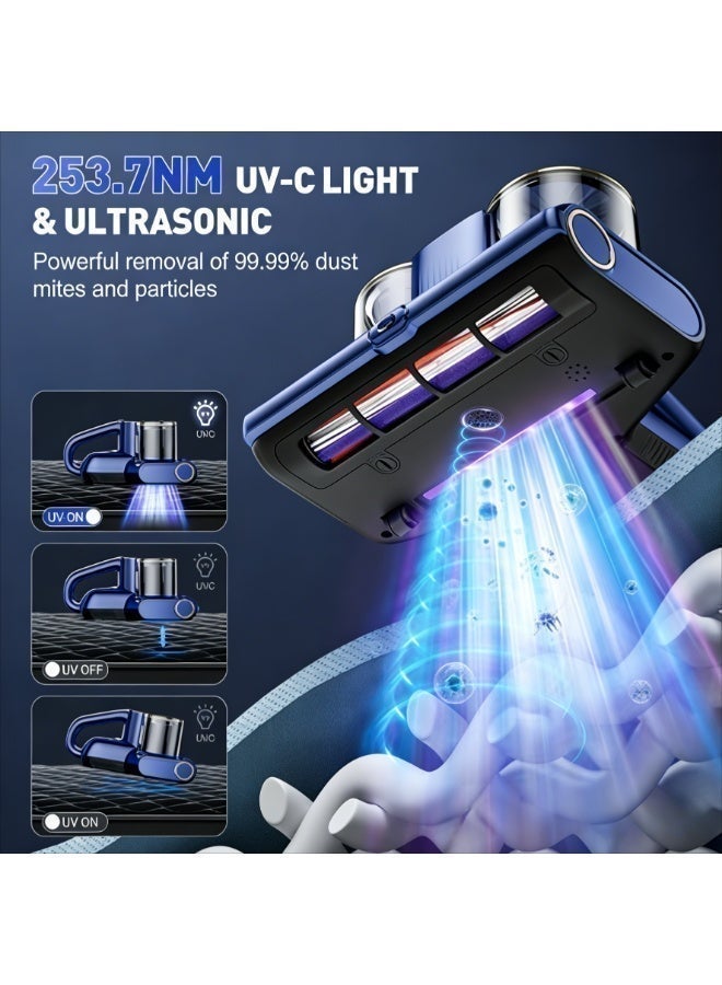 مكنسة فرشات، مكنسة سرير بقوة شفط 16 كيلو باسكال، مزودة بضوء فوق بنفسجي UV-C بطول موجة 253.7 نانومتر، وتقنية الموجات فوق الصوتية والتدفئة، مكنسة يدوية بكوبين للغبار وفتحة شفط عريضة، مناسبة للسرير والأرائك والأسرّة الأطفال (500 واط). - Image 3