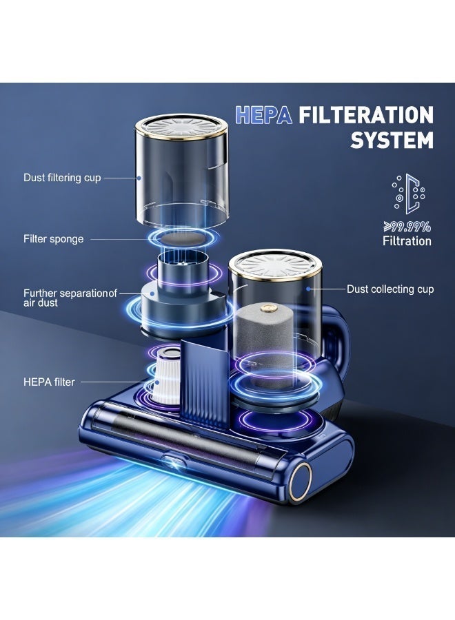مكنسة فرشات، مكنسة سرير بقوة شفط 16 كيلو باسكال، مزودة بضوء فوق بنفسجي UV-C بطول موجة 253.7 نانومتر، وتقنية الموجات فوق الصوتية والتدفئة، مكنسة يدوية بكوبين للغبار وفتحة شفط عريضة، مناسبة للسرير والأرائك والأسرّة الأطفال (500 واط). - Image 5