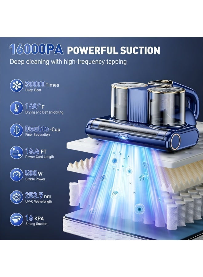 مكنسة فرشات، مكنسة سرير بقوة شفط 16 كيلو باسكال، مزودة بضوء فوق بنفسجي UV-C بطول موجة 253.7 نانومتر، وتقنية الموجات فوق الصوتية والتدفئة، مكنسة يدوية بكوبين للغبار وفتحة شفط عريضة، مناسبة للسرير والأرائك والأسرّة الأطفال (500 واط). - Image 2