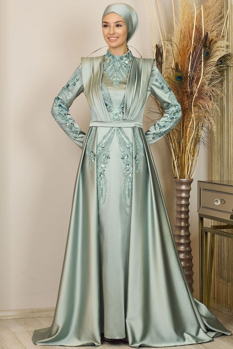 Esilanur Draped Front Beaded Tailed Miranda Hijab Evening Dress in Green  - Image 1